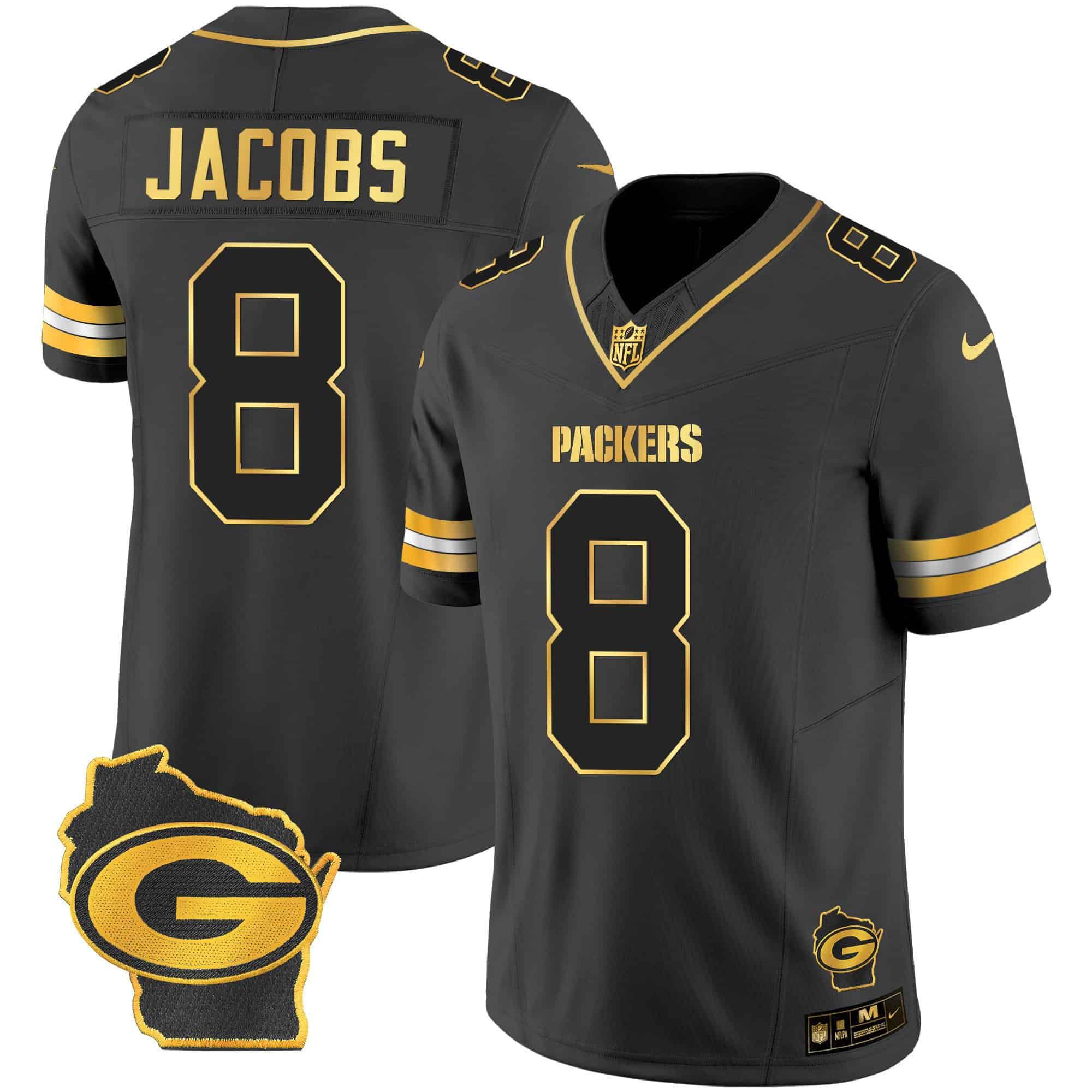 Men Green Bay Packers 8 Jacobs Black Gold 2024 Nike Home Patch Vapor NFL Jersey style 2